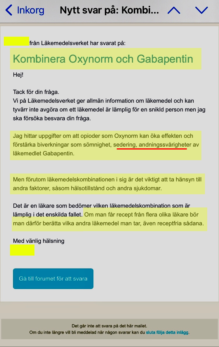 Läkemedelsverket - Risker med att kombinera Oxynorm med Gabapentin.