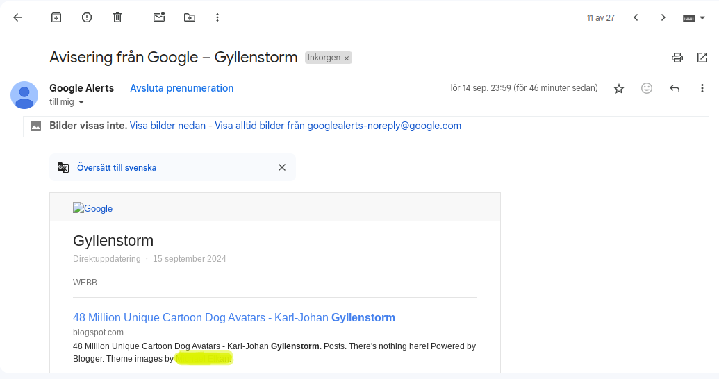 Indexed on Google - Email notification from Google Alerts.