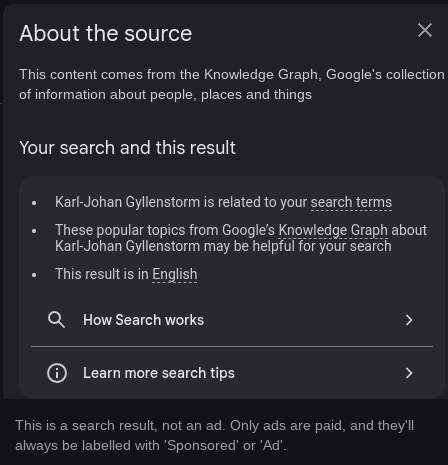 Google Knowledge Graph - Your search and this results - Karl-Johan Gyllenstorm